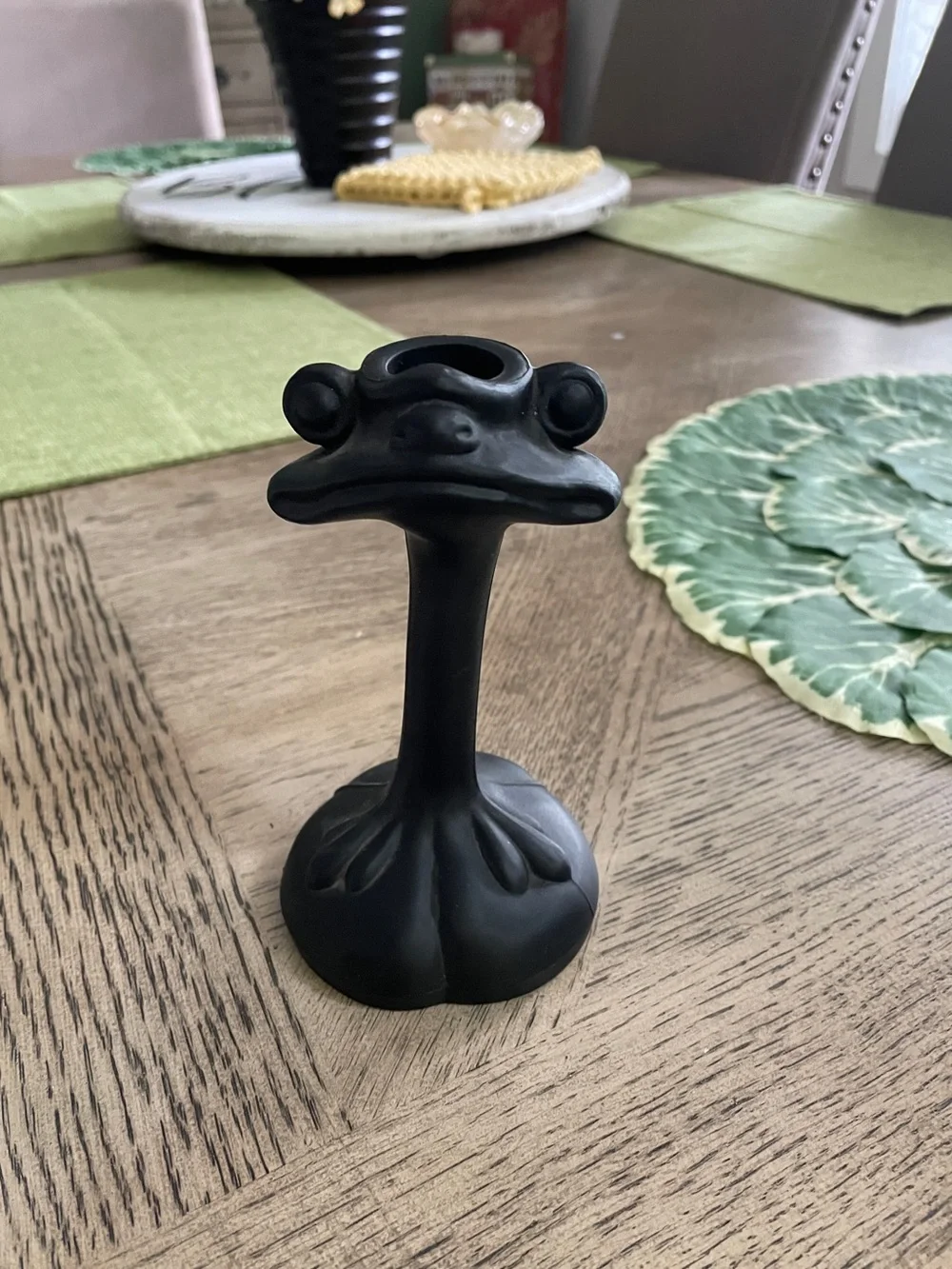 Vintage TIFFIN Black glass frog candle holder